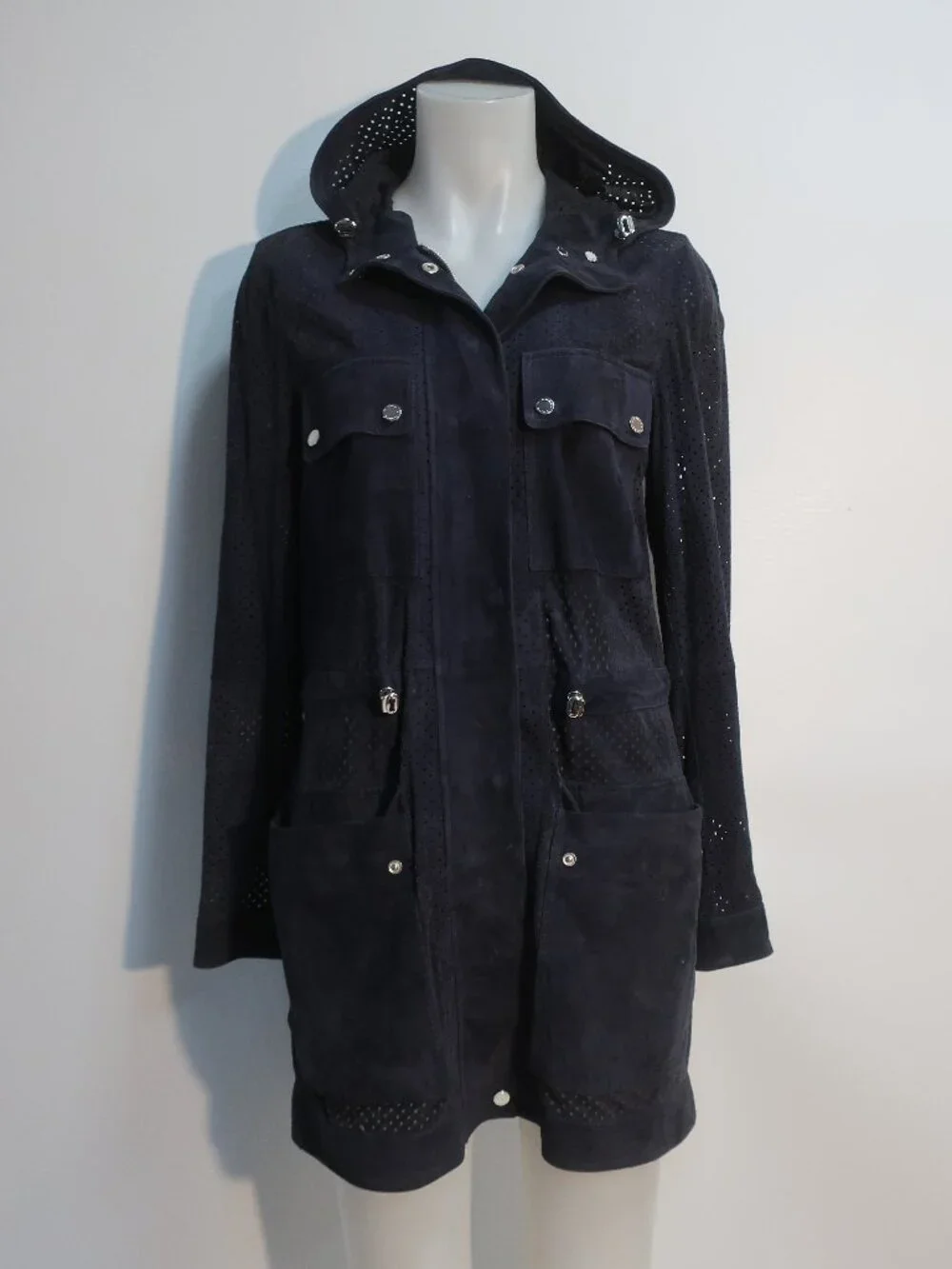 Womens Michael Kors Navy Blue (Item- 131) Perforated Suede Zip Hooded Jacket S